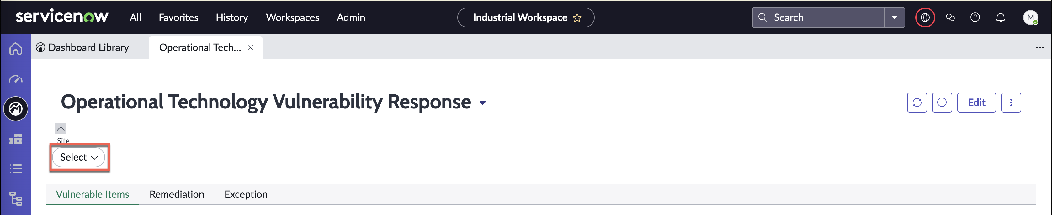 Select button under the Site filter that opens the filter menu