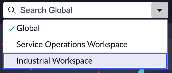 The Choose search context example options available to select, including Global, Service Operational Workspace, and Industrial Workspace.
