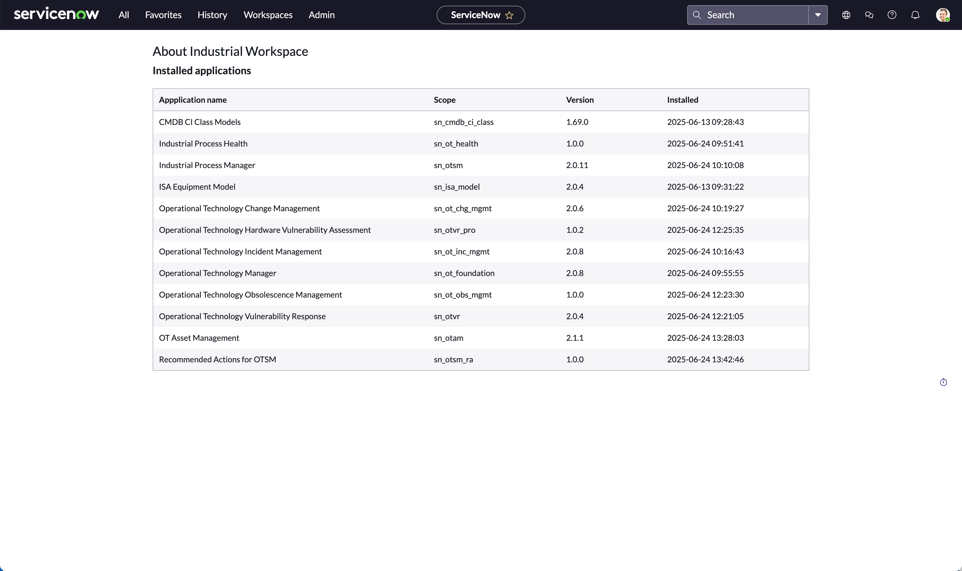 Installed application table where you can view the OT applications installed on your instance