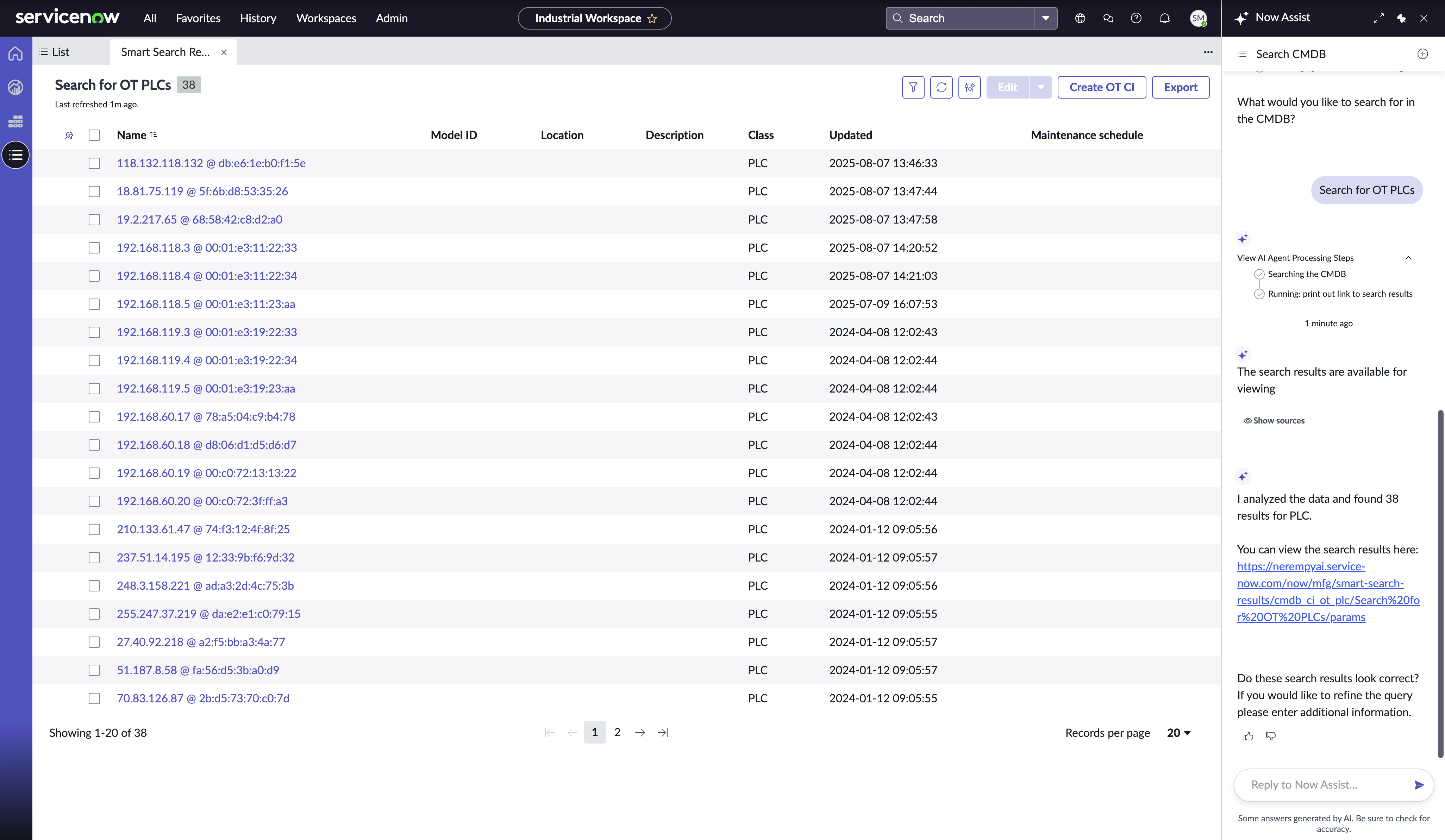 Search results for OT PLCs are using the OT CMDB search function