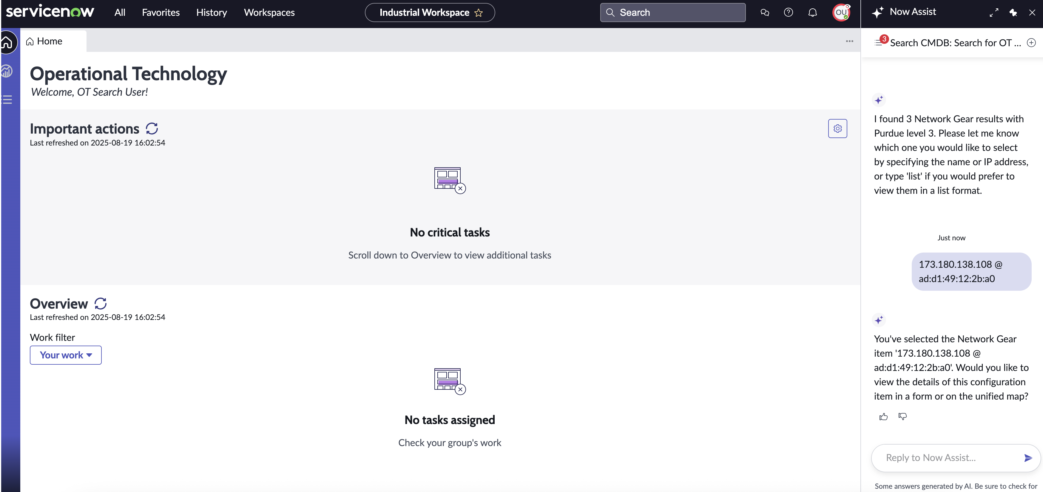 Conversation in the Now Assist panel to view the specified network gear in either a form or unified map.
