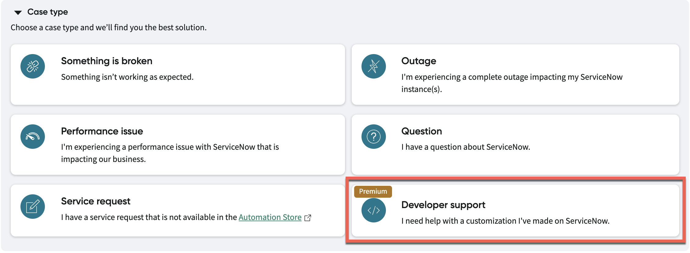 Zeigt die Kachel „Entwickler-Support“ in NowSupport an.