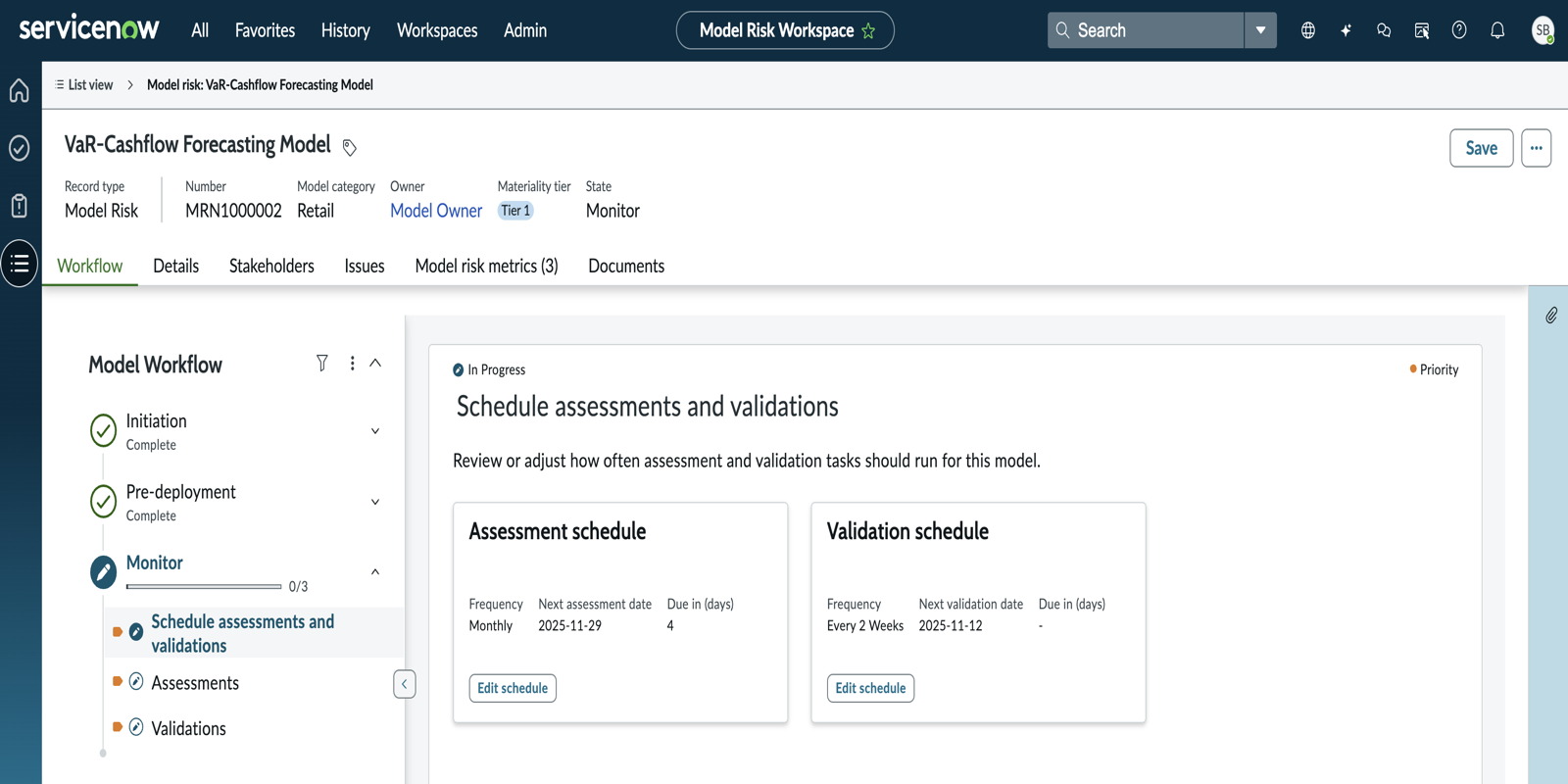 Edit schedule button on the assessment and validation task cards.