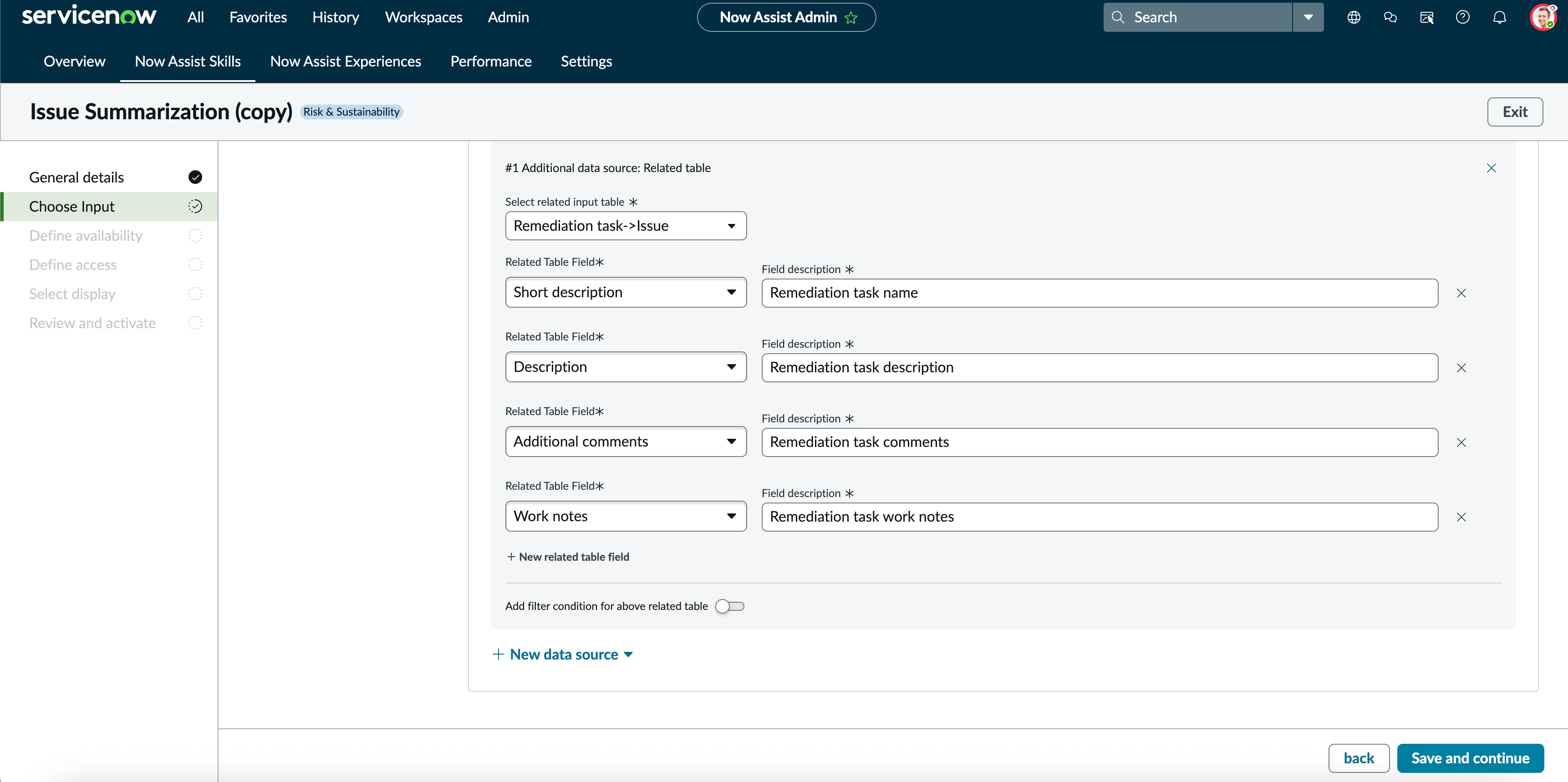 Choose input data screen that contains the input tables and fields to define the prompt.
