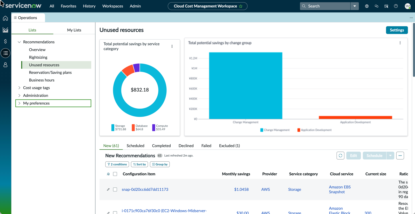 Unused resources recommendations in Cloud Cost Management Workspace.
