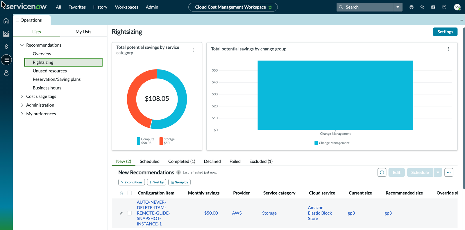 Rightsizing recommendations in Operations view.