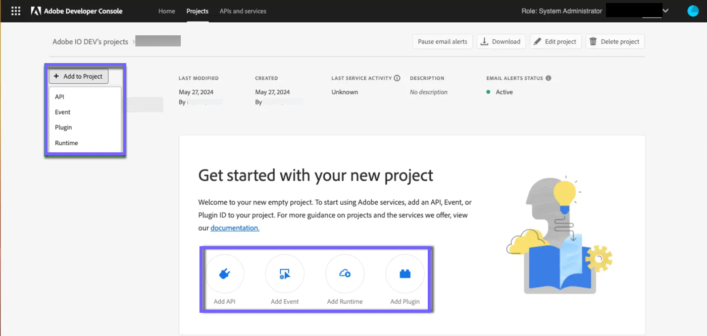 Interface utilisateur de la console de développement Adobe affichant la fonctionnalité d’API Ajouter