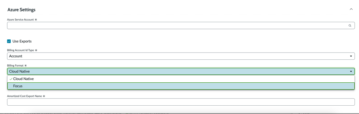 Azure Settings section on the Azure Billing Download Job form