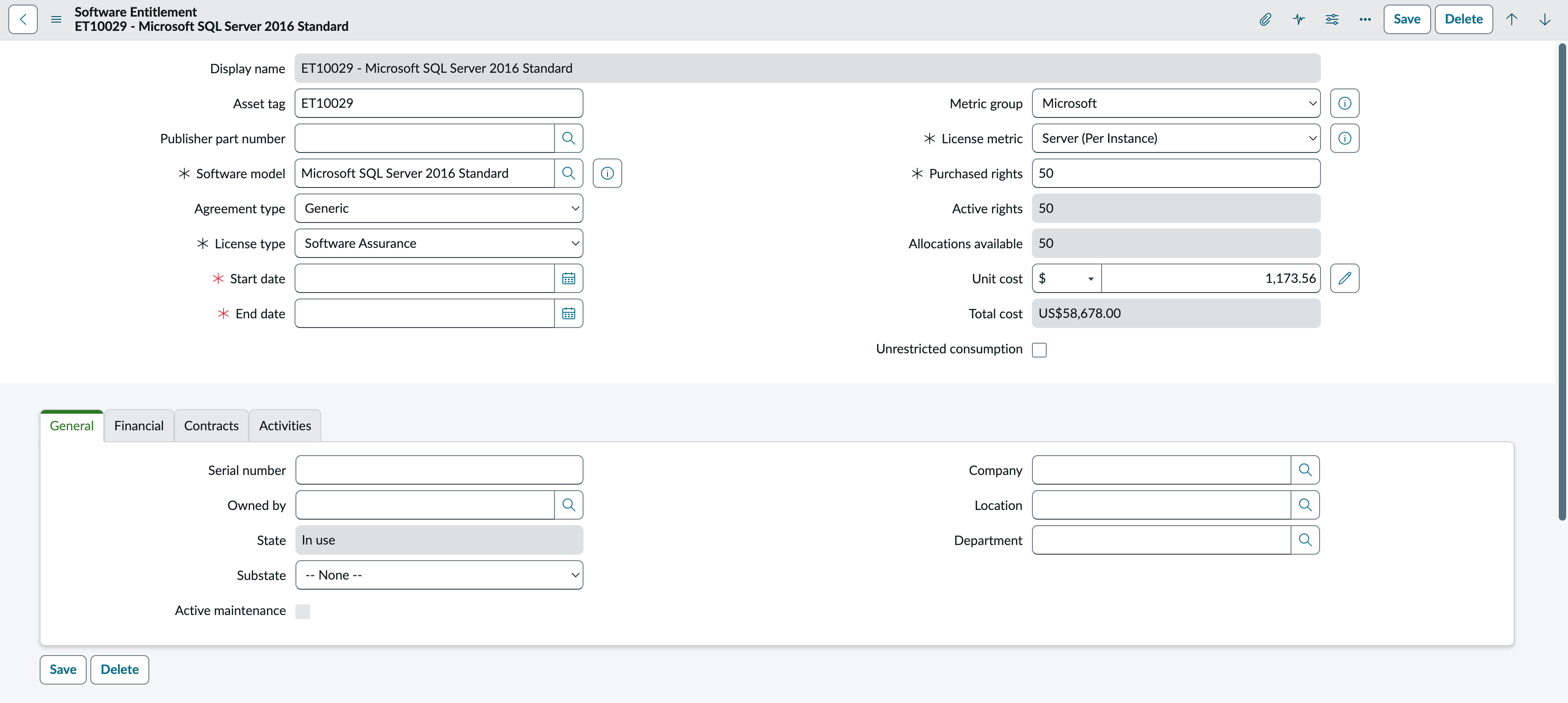 Software Entitlement form with a Software Assurance License Type selected.