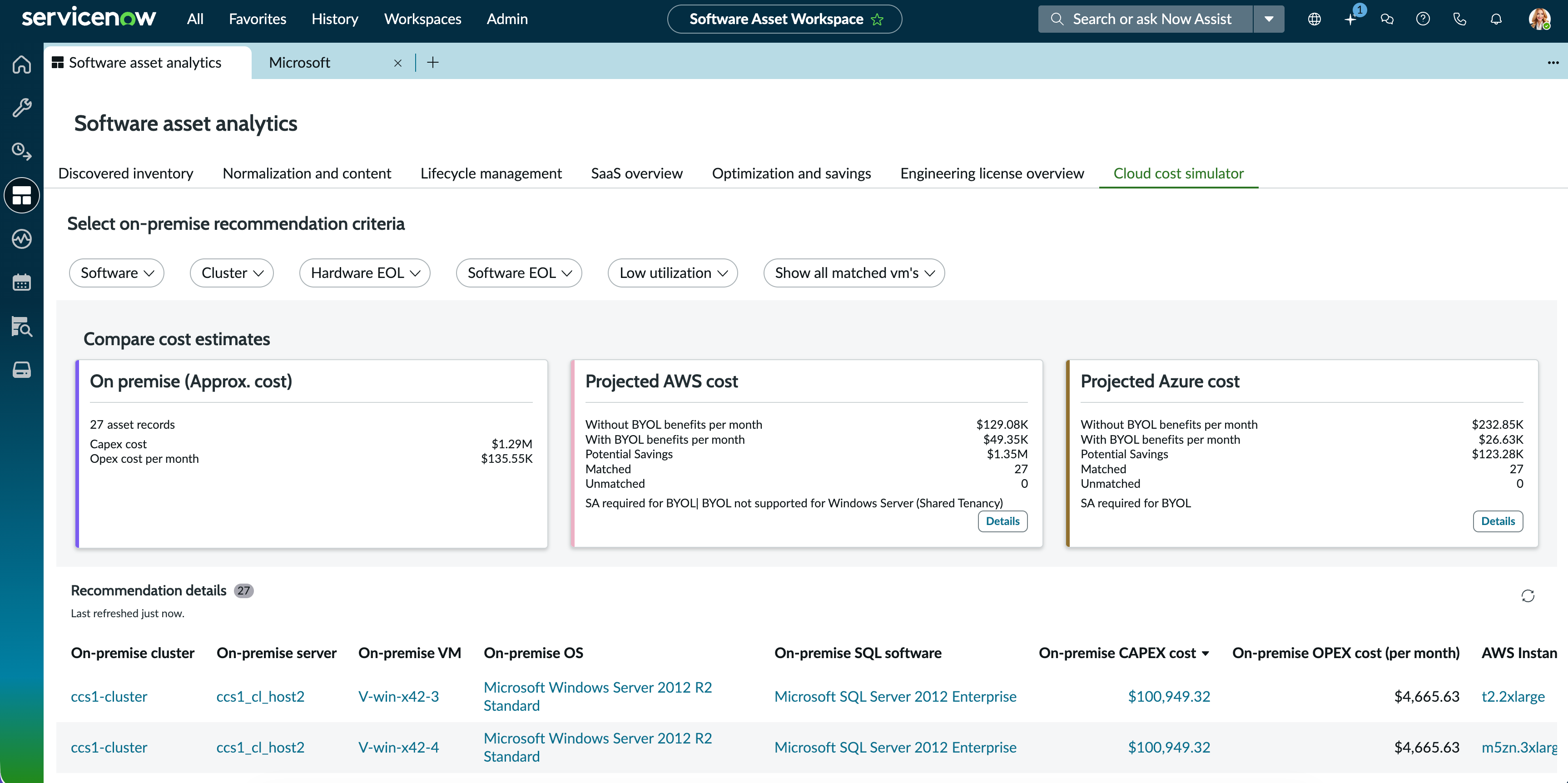 Cloud cost simulator dashboard.