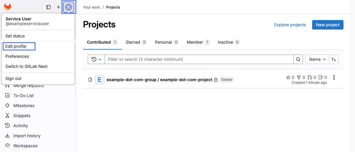 Edit profile link in user menu on GitLab.com.