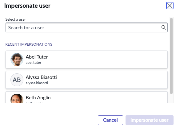 Impersonate user dialog box in Next Experience.
