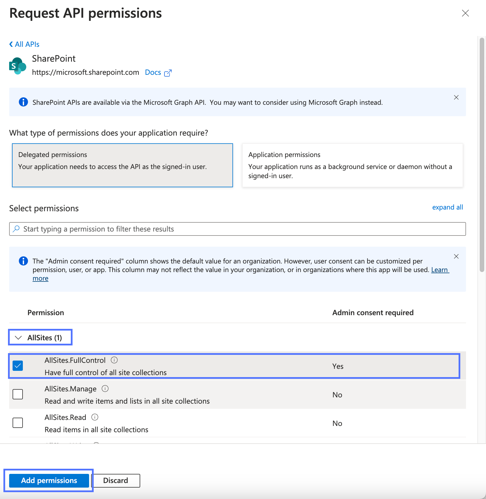 Microsoft Azure portal Request API permissions page with AllSites category, AllSites.FullControl selected permission, and Add permissions button highlighted.