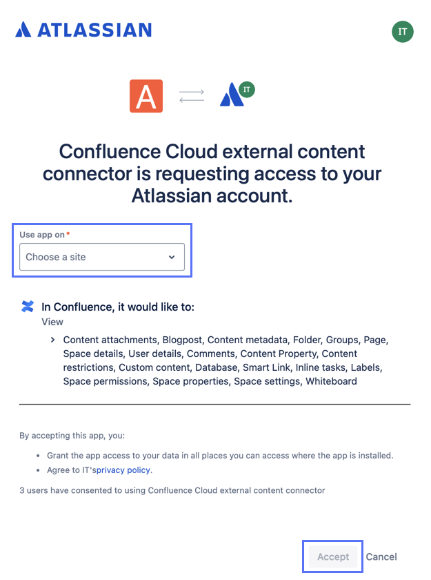 Fenêtre contextuelle affichant Atlassian la demande d’accès au compte à partir du connecteur.