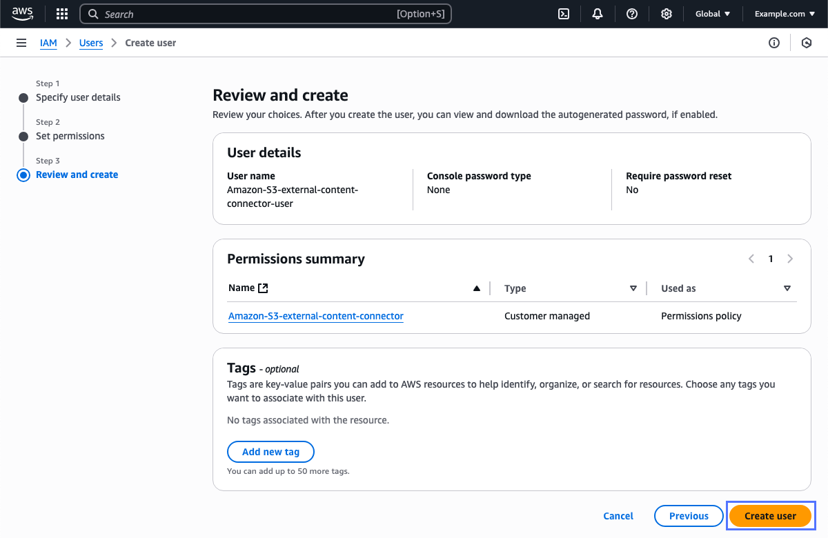 Review and create page for new user in AWS Management Console IAM web service.