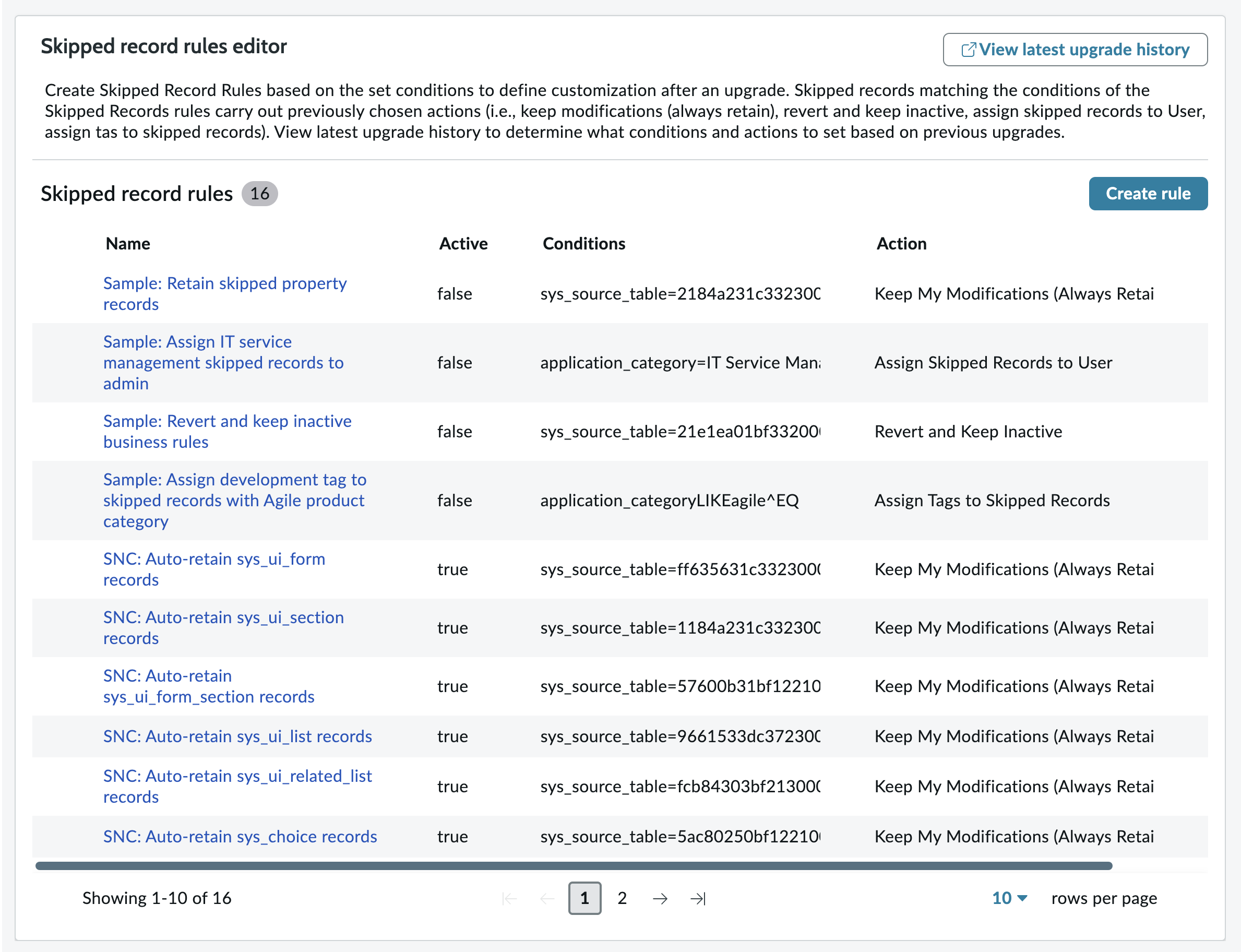 Screenshot showing the skipped record rules editor