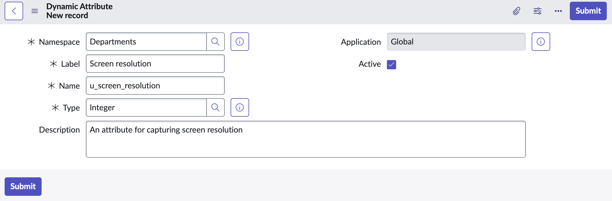 Add a dynamic attribute that captures the screen resolution of products in the Departments namespace.