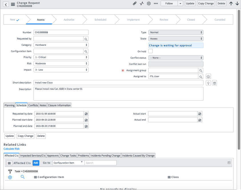 Change request with tabbed forms