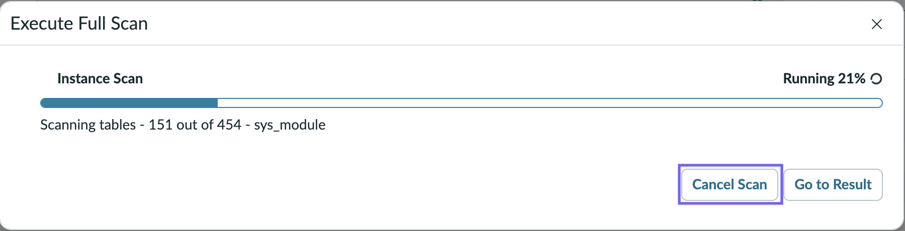Screenshot showing the execution modal.