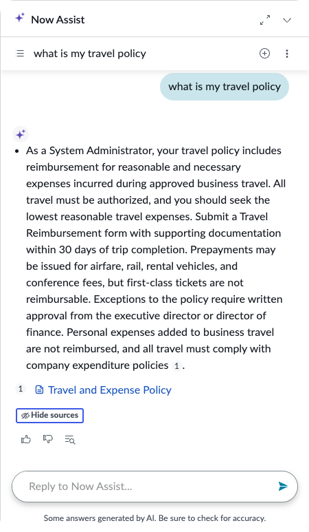 Now Assist en Agent virtuel réponse est revenu pour la question de la politique de voyage.