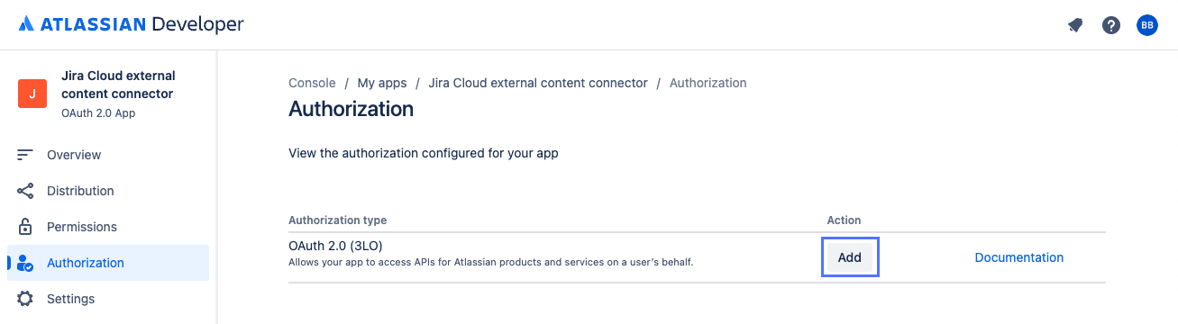 Ajouter le bouton d’autorisation OAuth 2.0 (3LO) sur Atlassian Page Autorisation de la console de développeur.