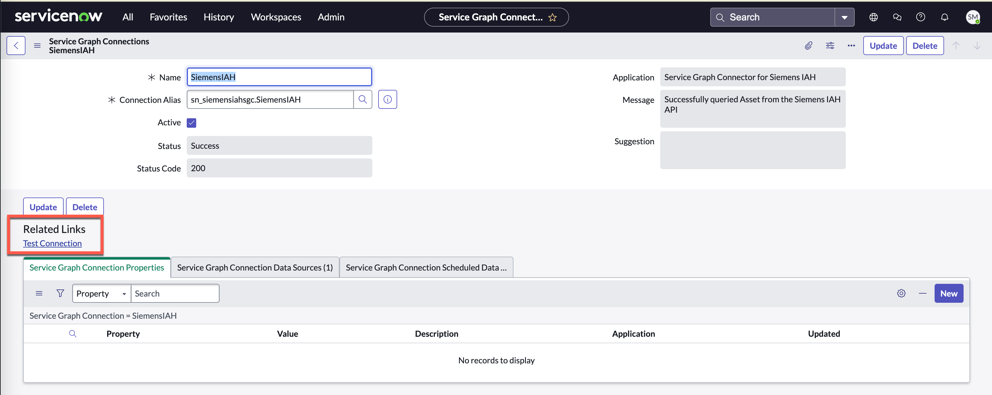 Testar link relacionado à conexão no registro Conexões do Service Graph do SiemensIAH.