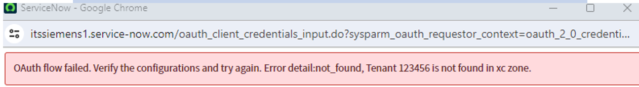 Falha no fluxo do OAuth. Verifique as configurações e tente novamente. Detalhe do erro: not_found, o locatário 123456 não foi encontrado na zona xc.