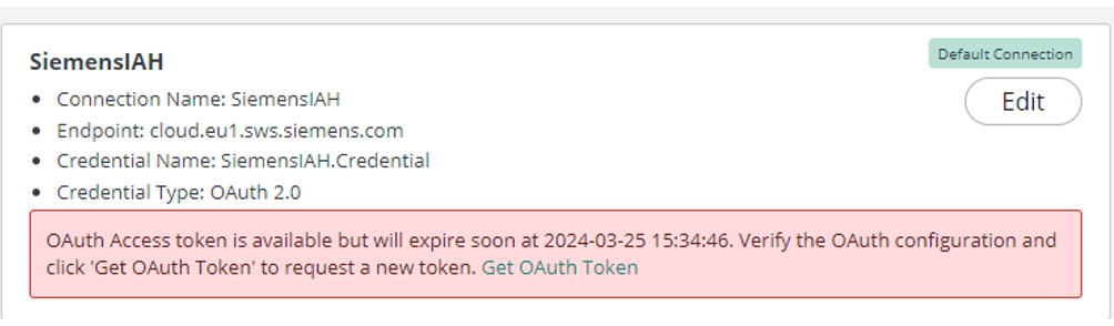 O token de acesso OAuth está disponível, mas expirará em breve, em<date/time> . Verifique a configuração do OAuth e clique em 'Get OAuth Token' para solicitar um novo token. Obter token OAuth.