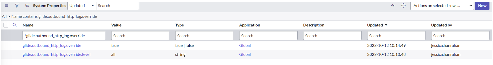 As propriedades do sistema glide.outbound_http_log.override e glide.outbound_http_log.override.level foram editadas para substituir o nível de log.