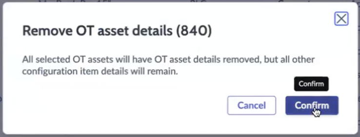 Caixa de diálogo Remover detalhes do dispositivo de OT.