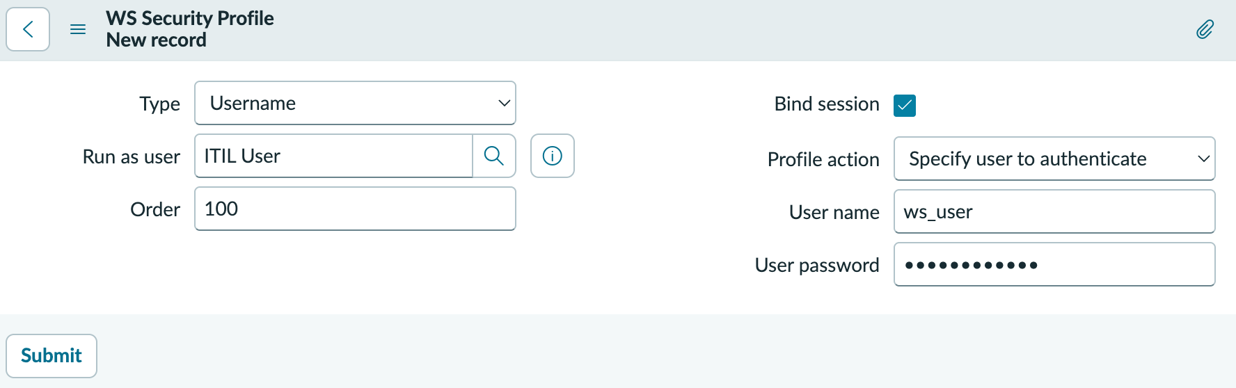 WS Security Profile form is populated with the Username profile type and action.