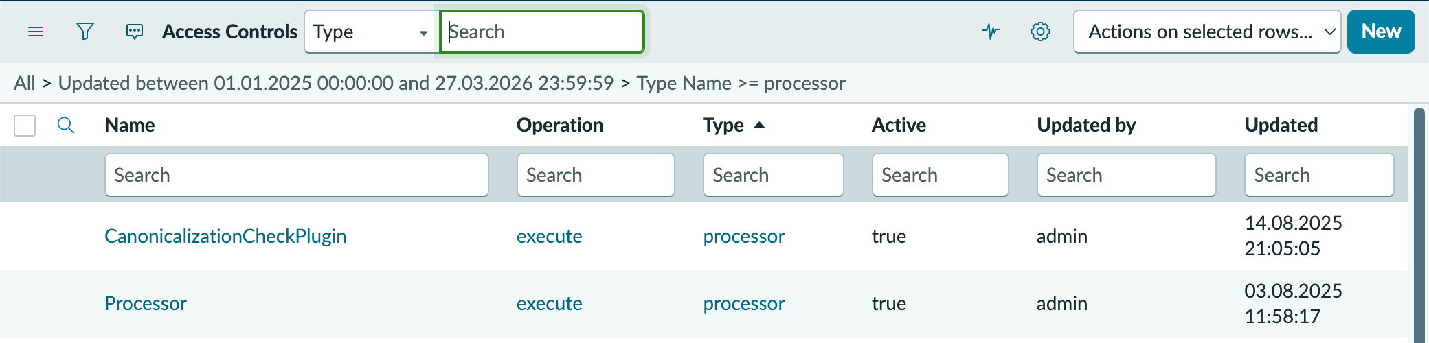 Access Controls list is filtered by the type processor and a date range.