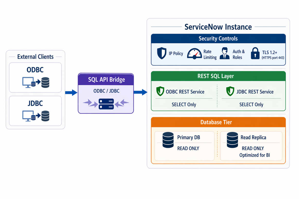 Architecture diagram showing SQL API interaction with ServiceNow system components