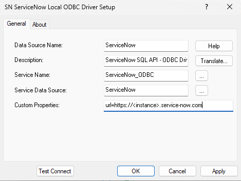 UI screen of ODBC driver DNS settings.