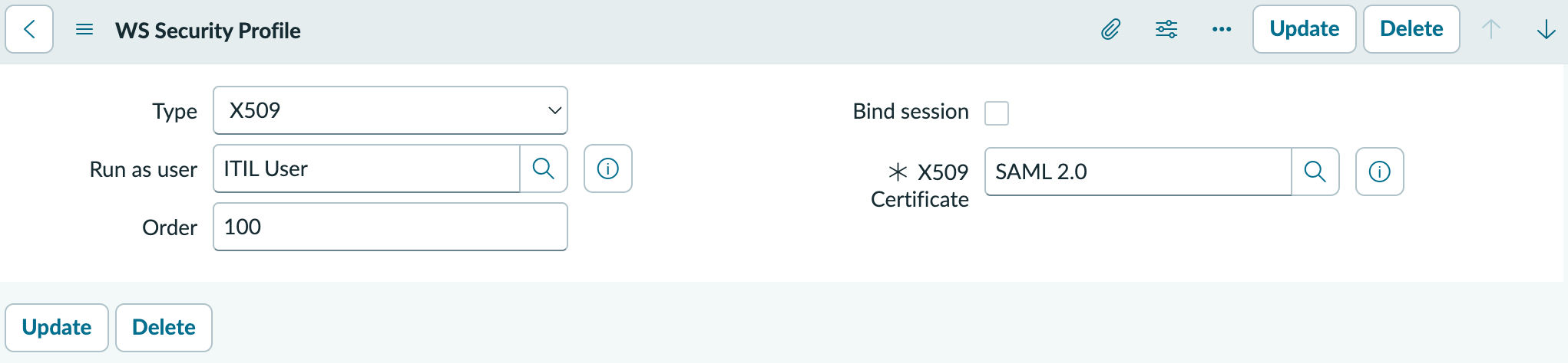 WS Security Profile form is populated with the X509 profile type and a certificate.
