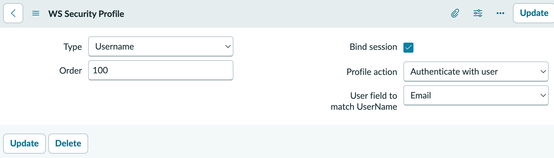 WS Security Profile form is populated with the Username profile type and preferred actions.