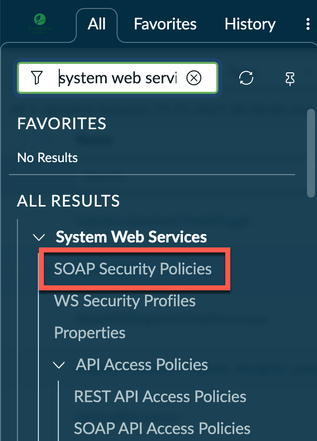 SOAP Security Policies module is highlighted in the All menu.