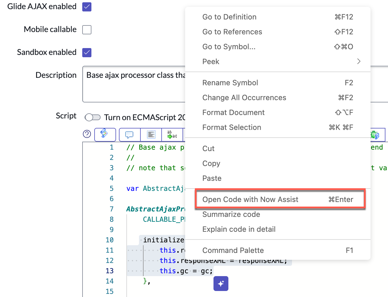 Open code with Now Assist