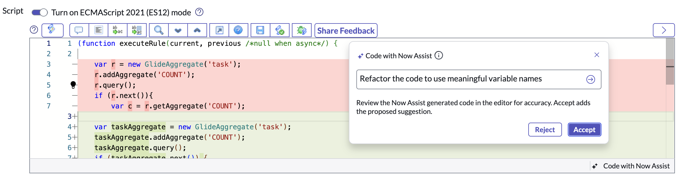 Original code and edited code suggestion compared in the script editor.