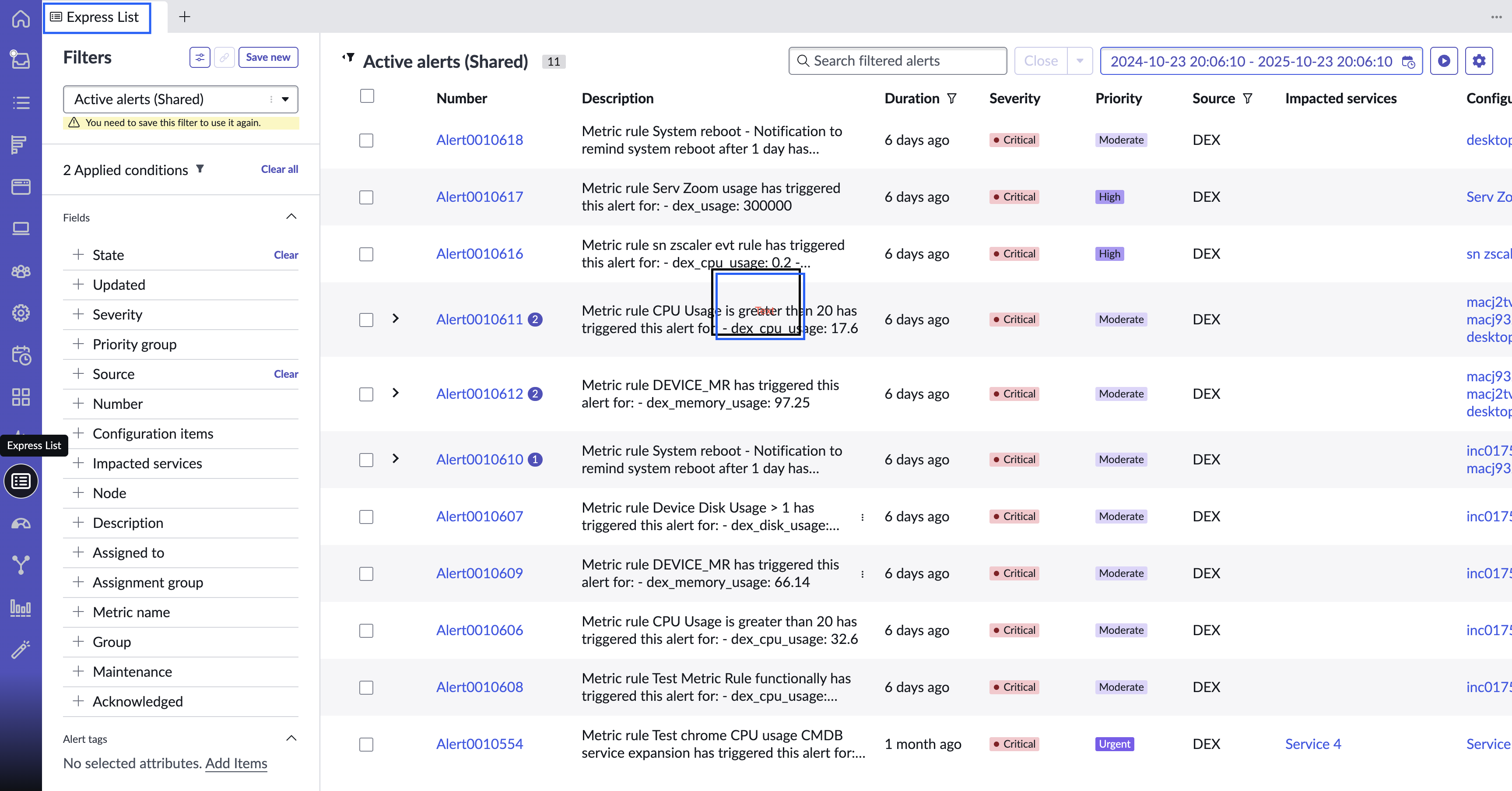 Active alerts list