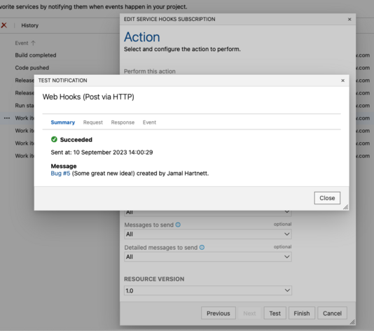 Success message when webhook is configured correctly.