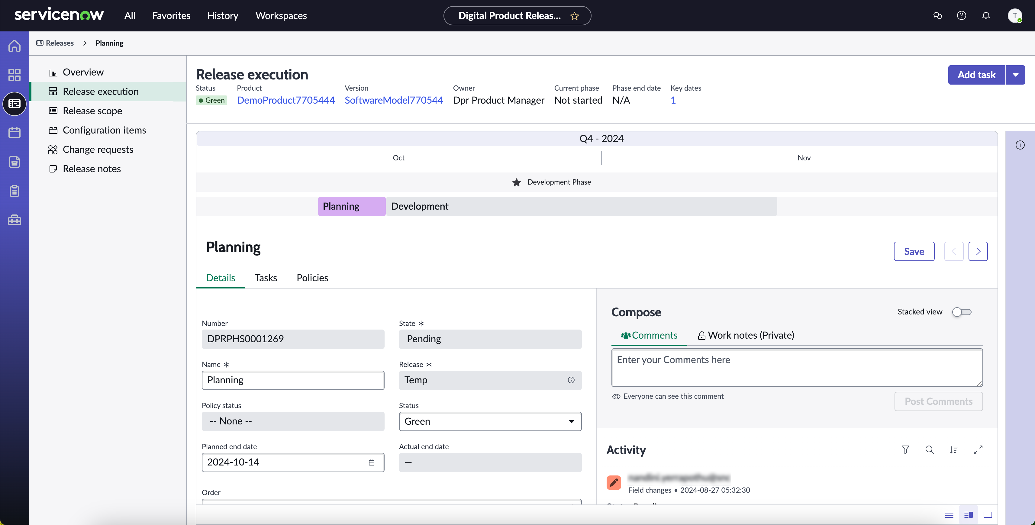 Release execution page of a time-oriented release to track its progress.
