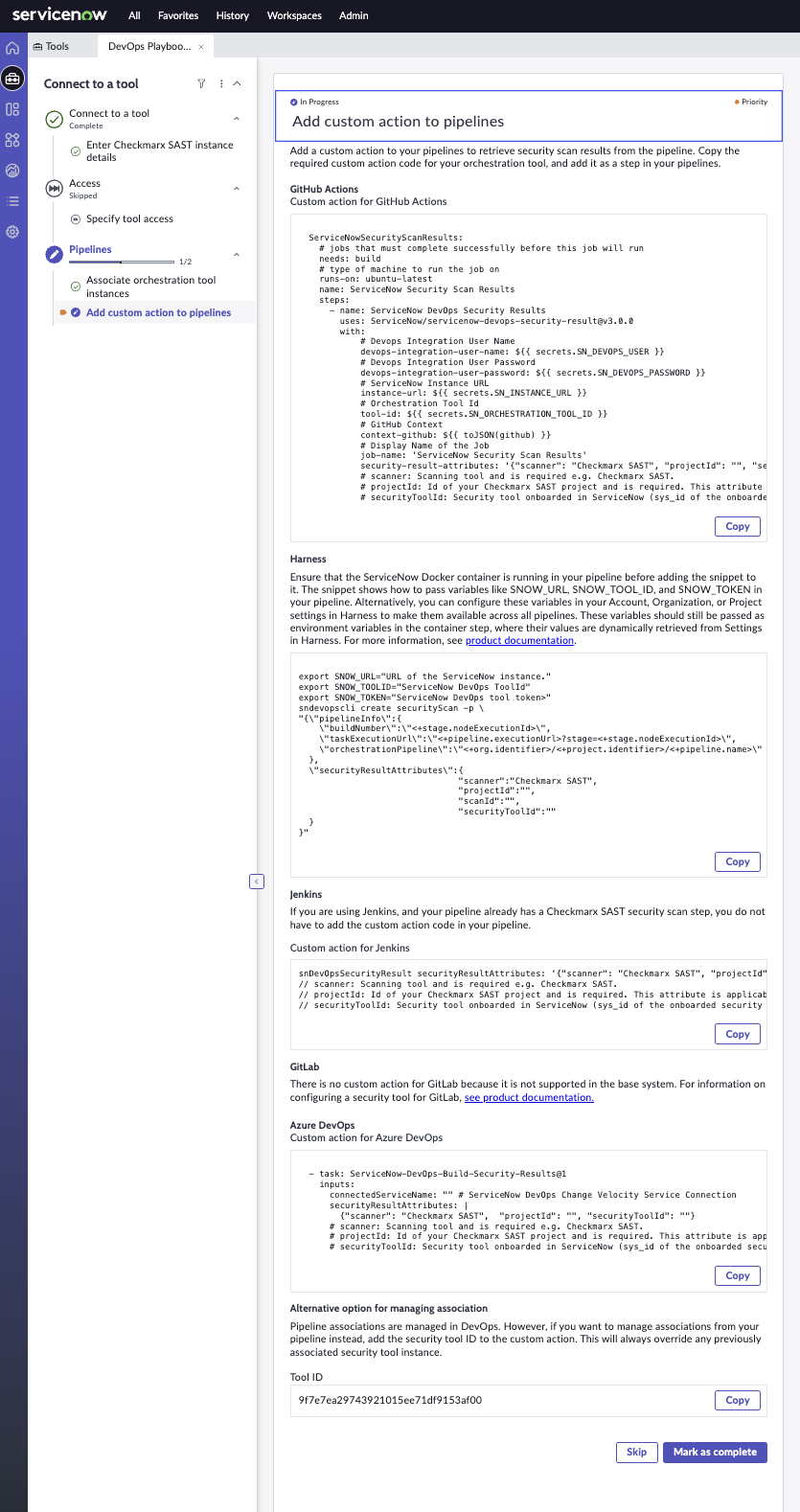 Add custom actions to pipeline playbook activity Checkmarx SAST