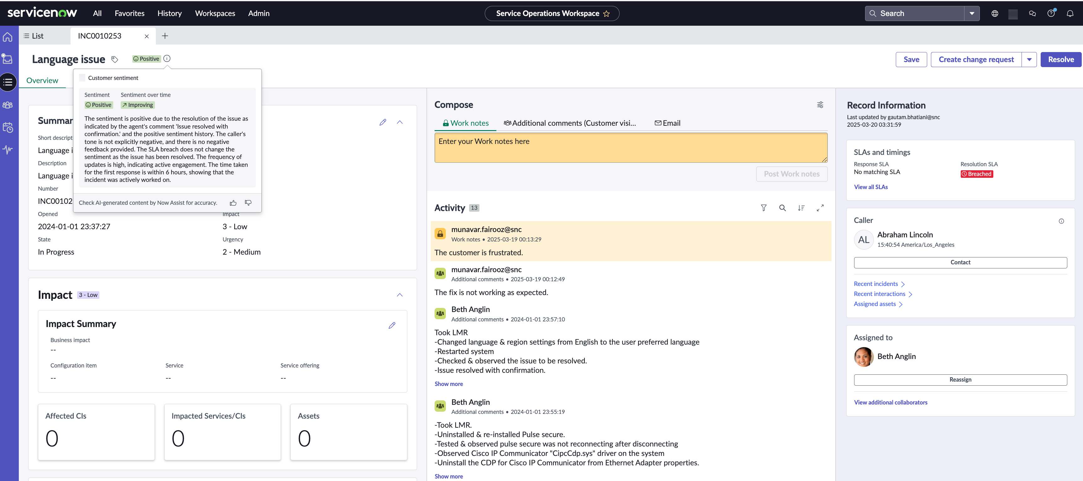 Sentiment analysis incident form view that displays the reasons for the sentiment