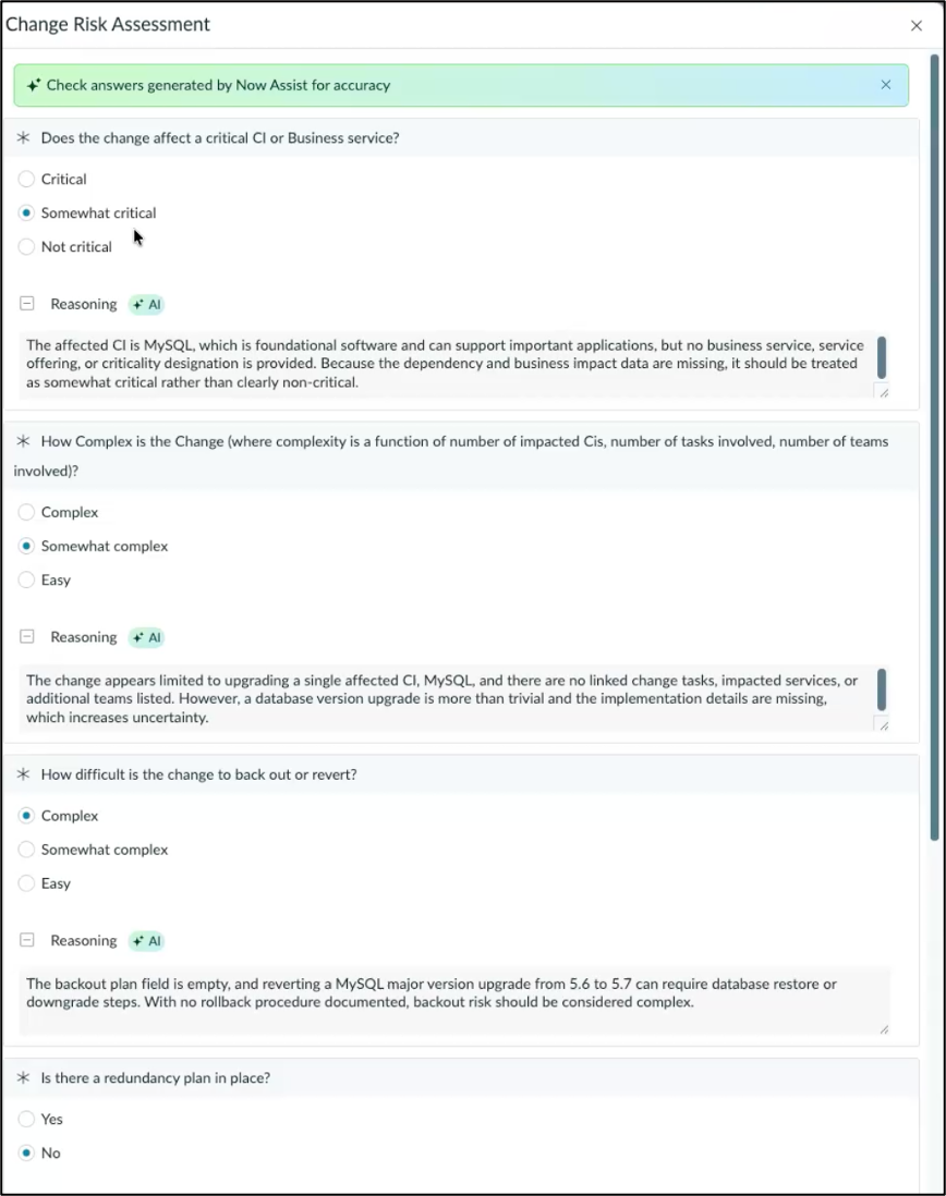 Change risk assessment page pre-filled with Now Assist suggested answers and a Reasoning field for each supported Likert-scale question.