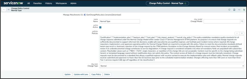 Change Policy Control form for Normal Type showing the Name, Active, Policies, and Change Type fields populated after ingesting a policy document.