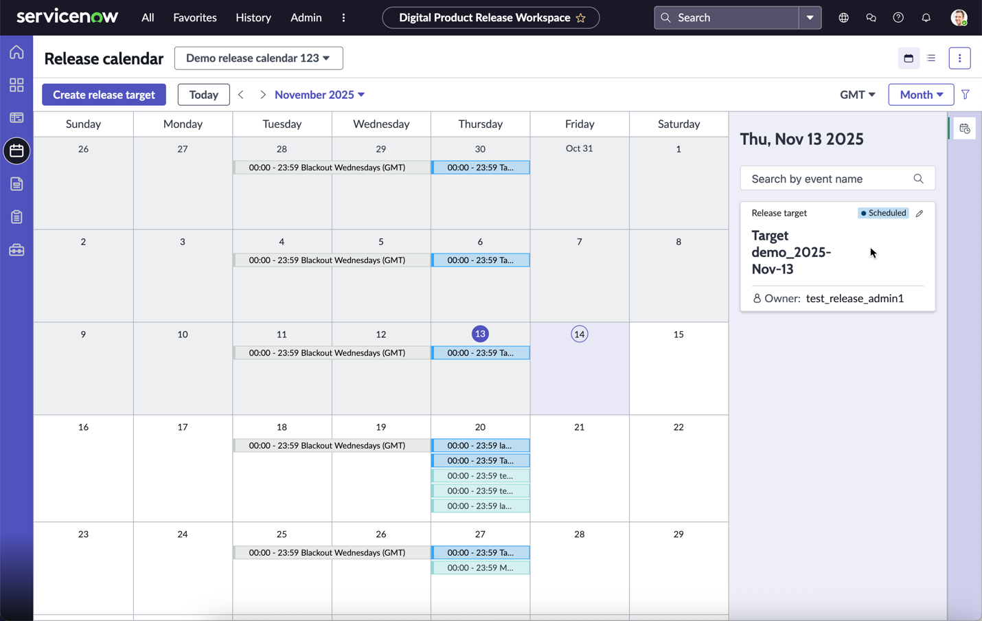 Release calendar view showing release readiness targets, releases, and change requests.