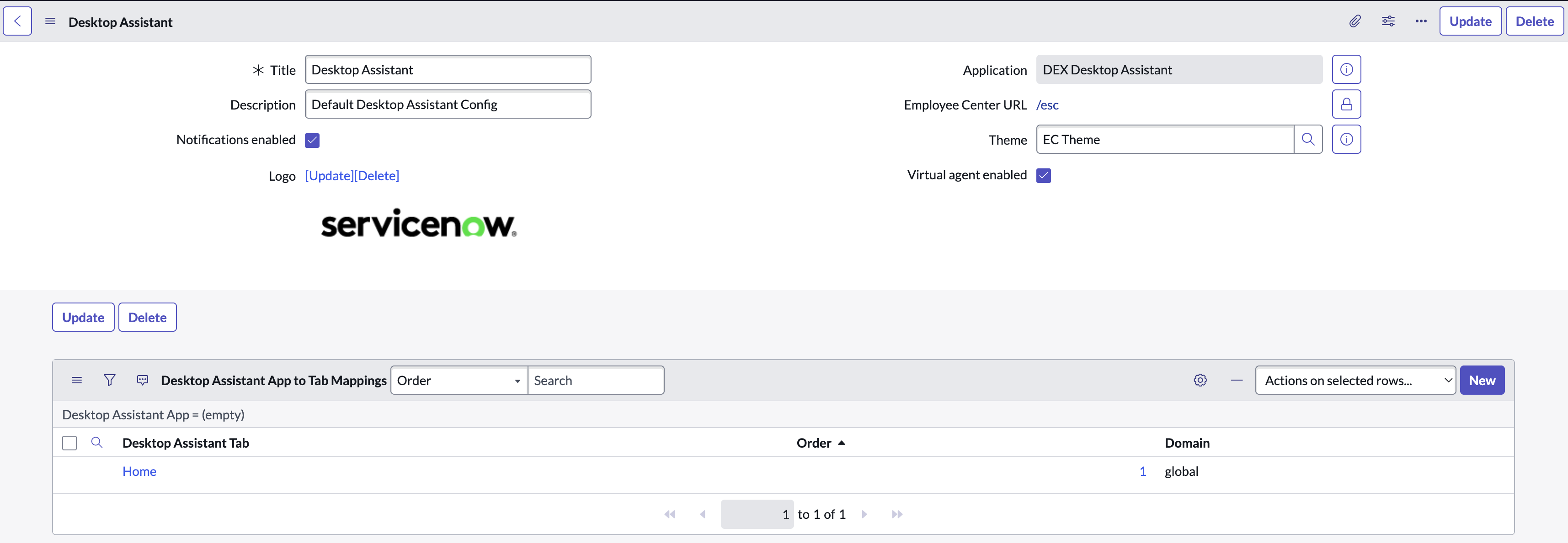 The Desktop Assistant page that provides options to modify your home page title or brief description, as well as activate notifications and the chat icon.