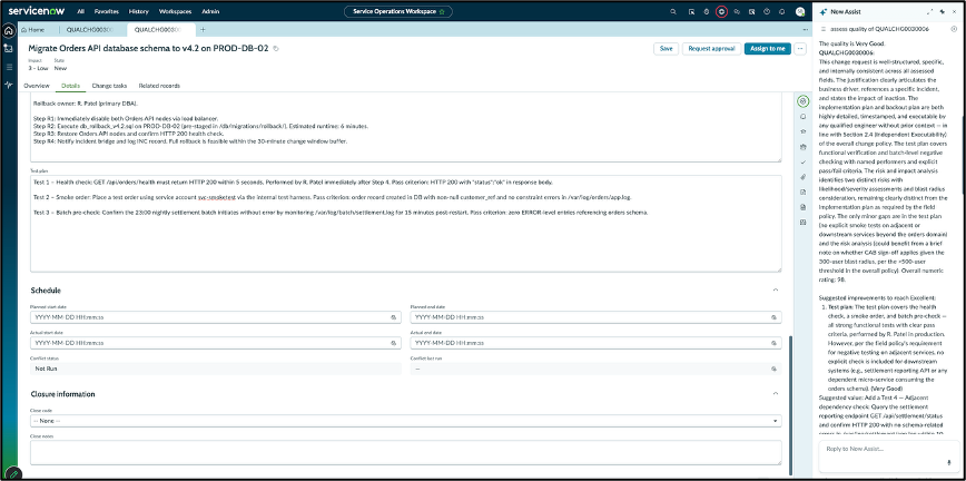 Now Assist panel showing a prompt to assess the quality of a change request and the resulting quality assessment with field ratings and suggested improvements.