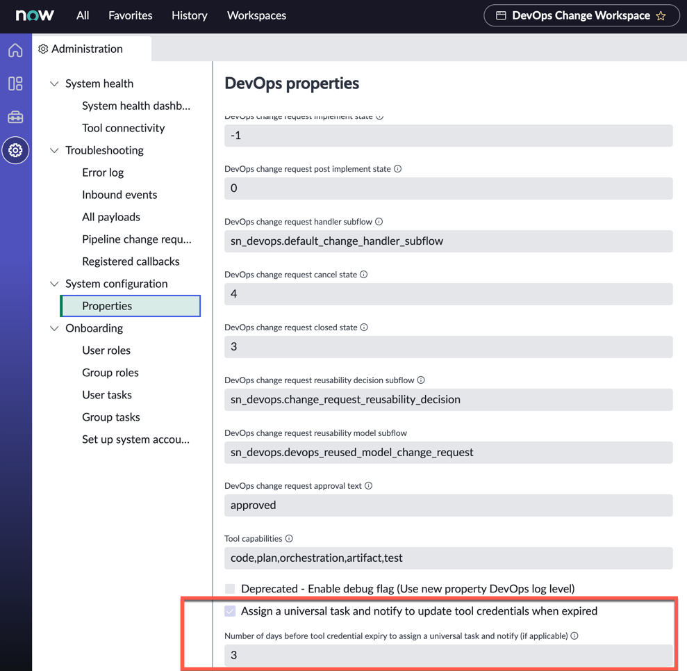 Properties to configure notifications on tool credential expiry